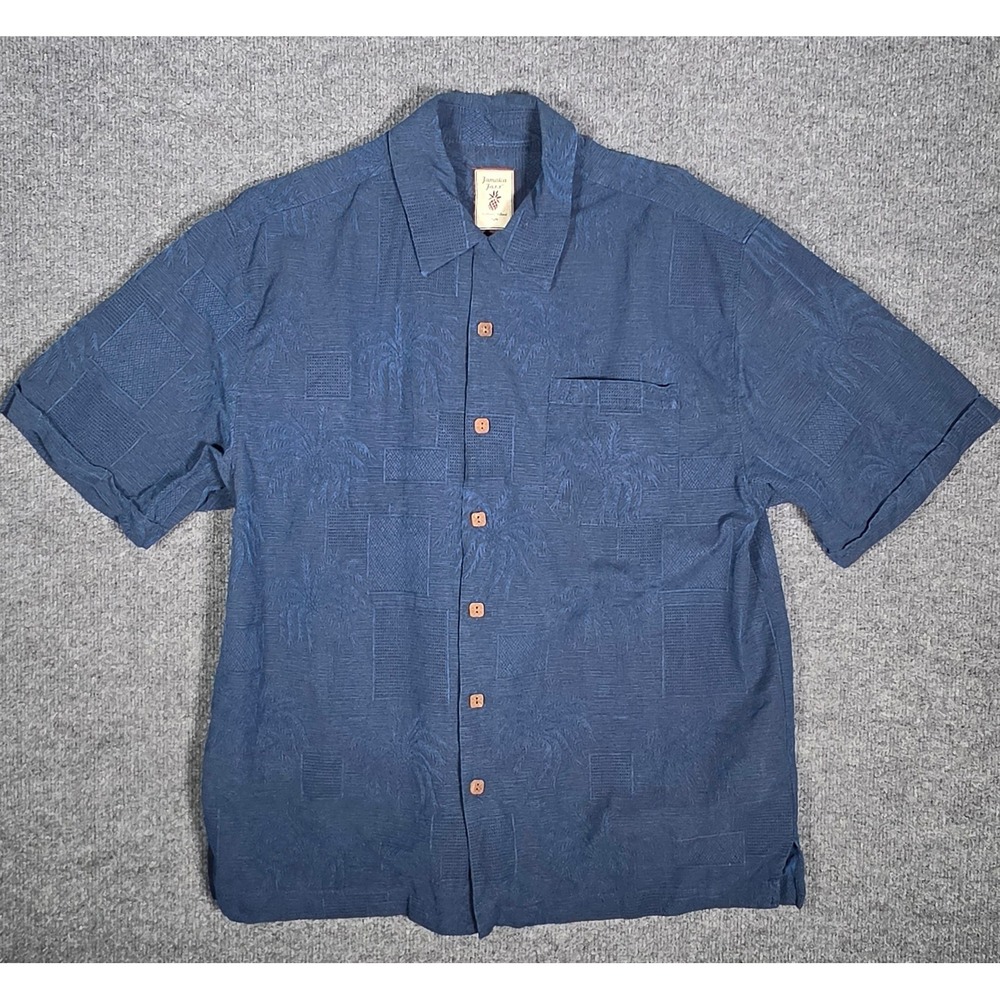 Jamaica Jaxx Mens Silk Jacquard Camp Shirt Blue Tropical Palm Tree Medium